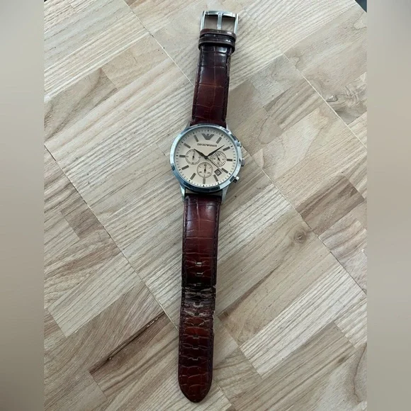Emporio Armani Chronograph Rare Vintage Men’s Watch Cream Dial Leather Strap